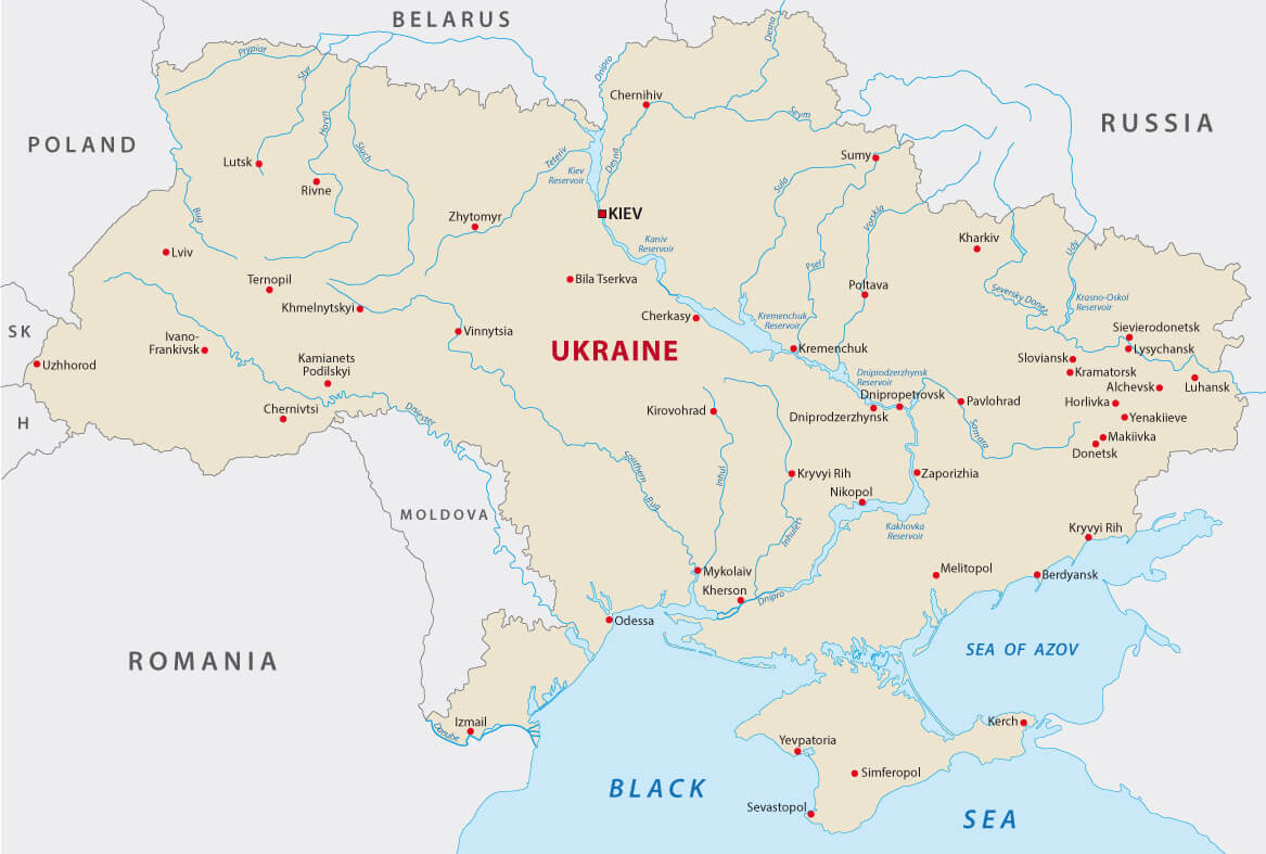 Nehirler ile Ücretsiz Ukrayna Haritası
